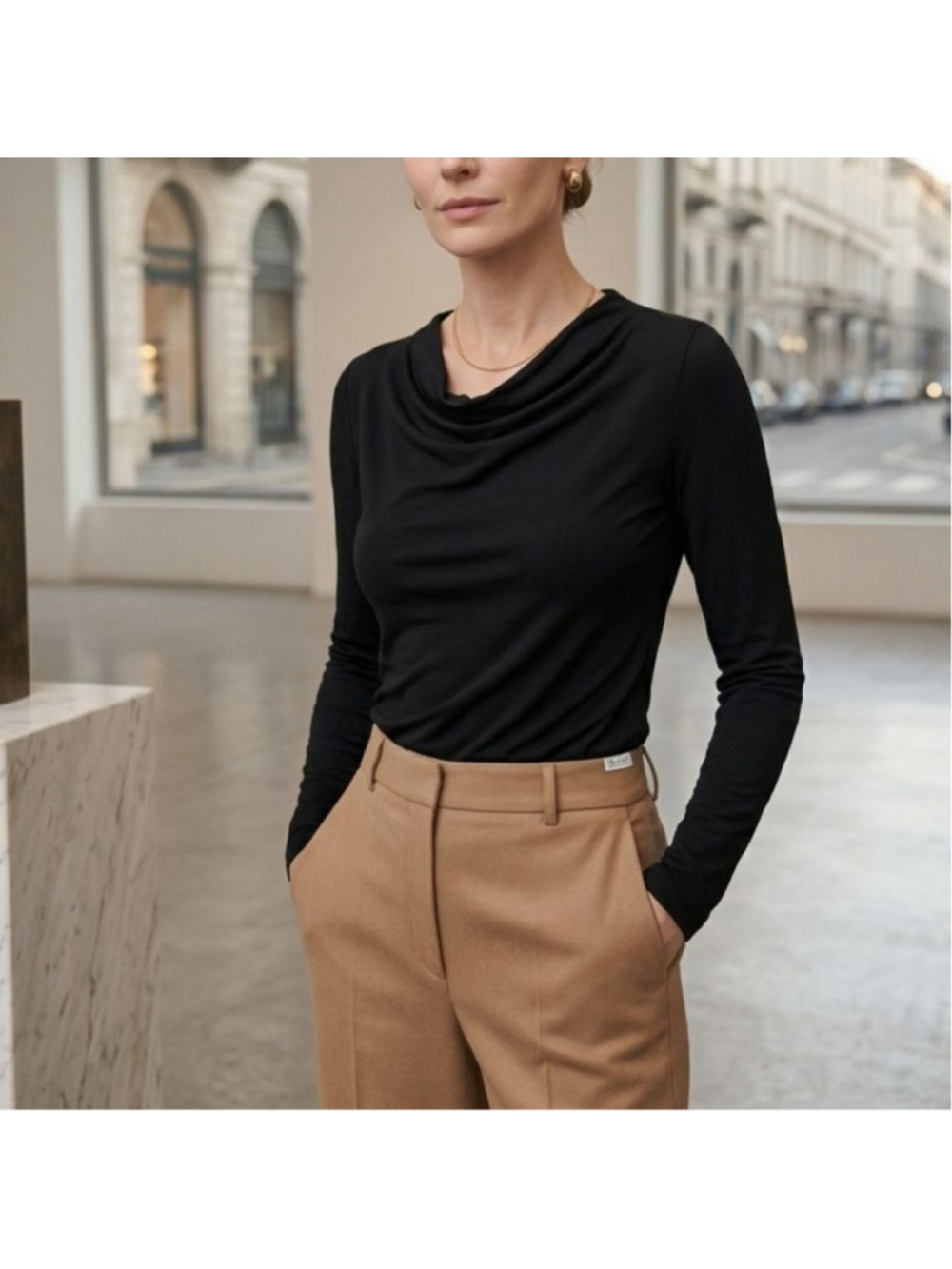 Max Mara Made in Italy Black Cowl Neck Long Sleeve Top M - Quiet Luxury Capsule